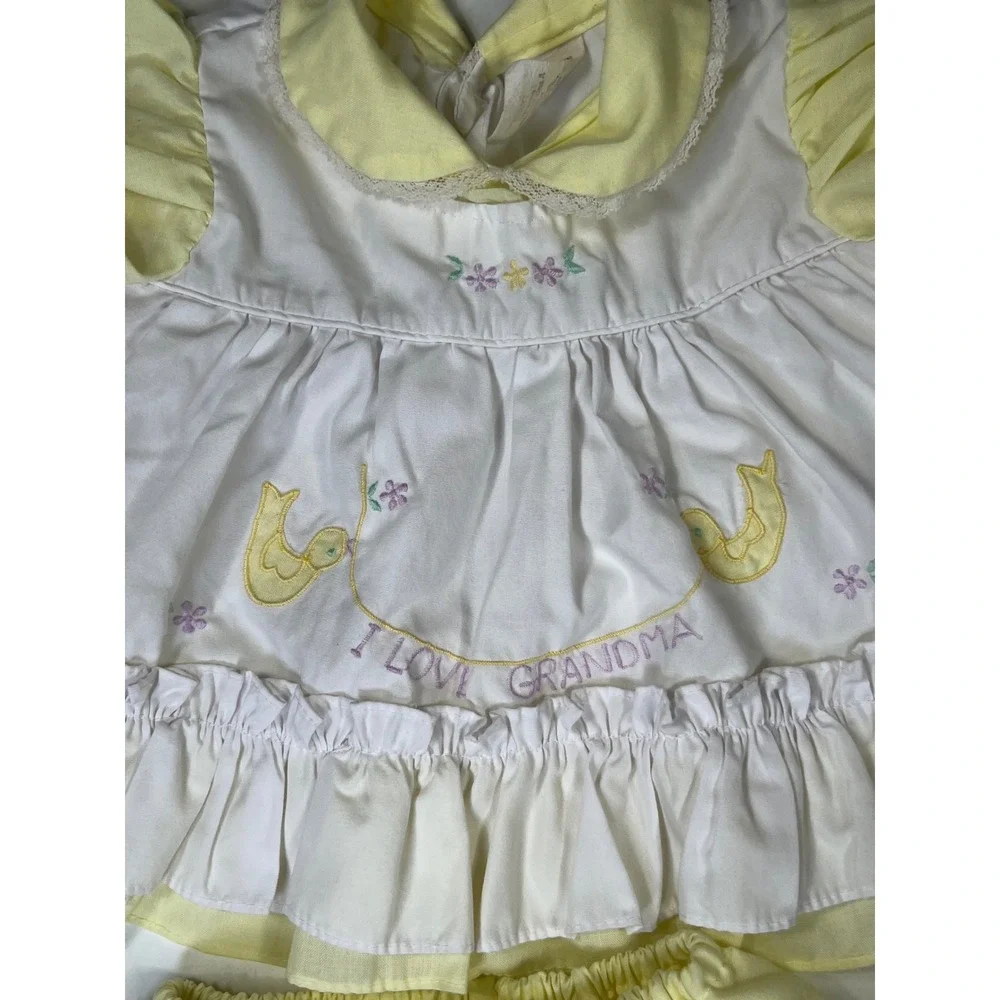 Vintage I Love Grandma Baby Girl‎ Outfit Yellow White Embroidered 12 Months 2pc
